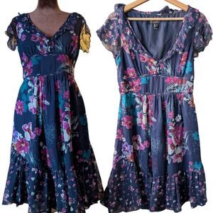 Mango Dainty Floral 💯 Silk Fit And Flare Dress Us 8 Eu Large Knee Length